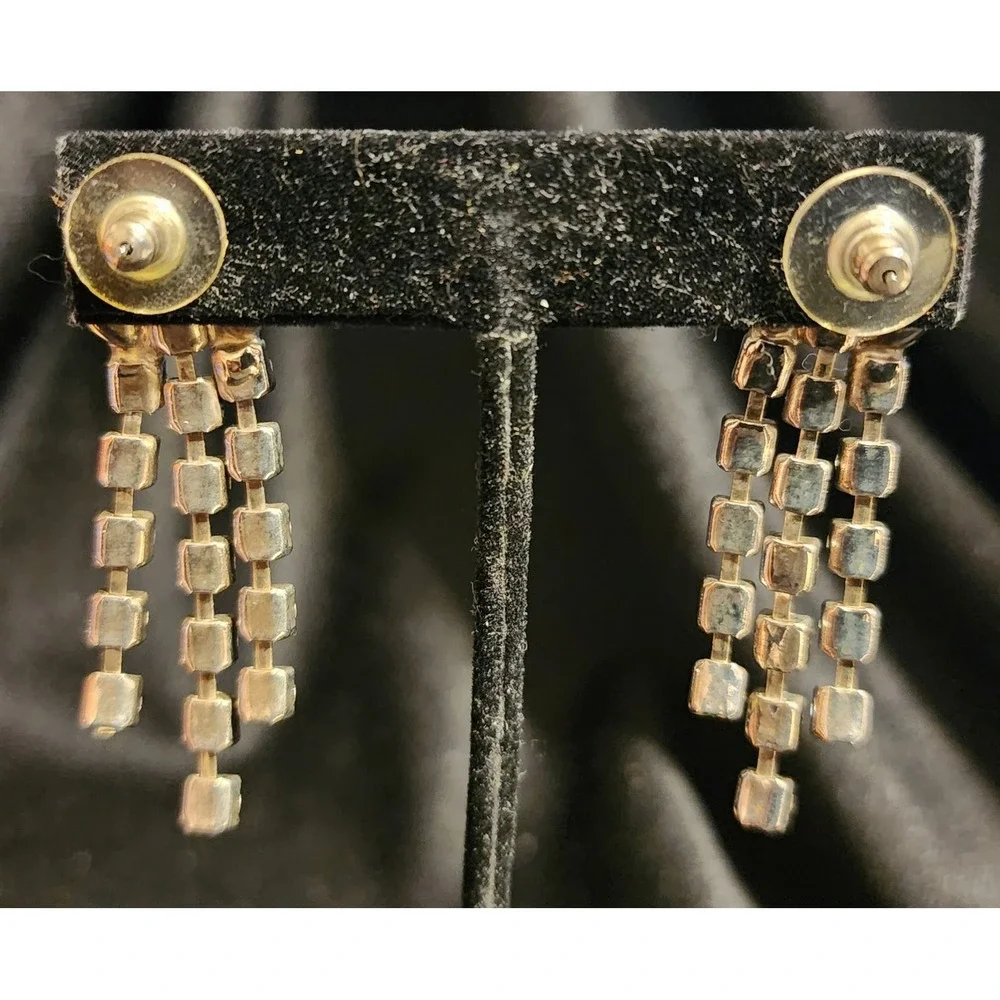VTG Pierced Purple Marquise Clear Rhinestone Chandelier Earrings Silver Tone